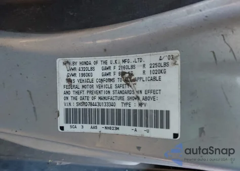 2003 Honda Cr-V Lx from USA, damaged, VIN SHSRD78443U133340